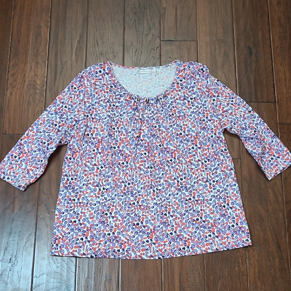 Rafaella Colorful Patterned Blouse with 3/4 Sleeves & Gold Beads at the Neck 2X